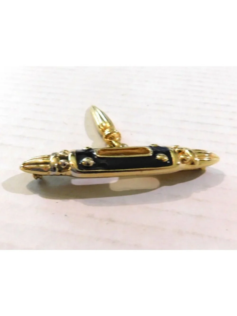 Premier Designs Vintage Signed Pin Gold Plated Black Enamel Hanging Charm Brooch